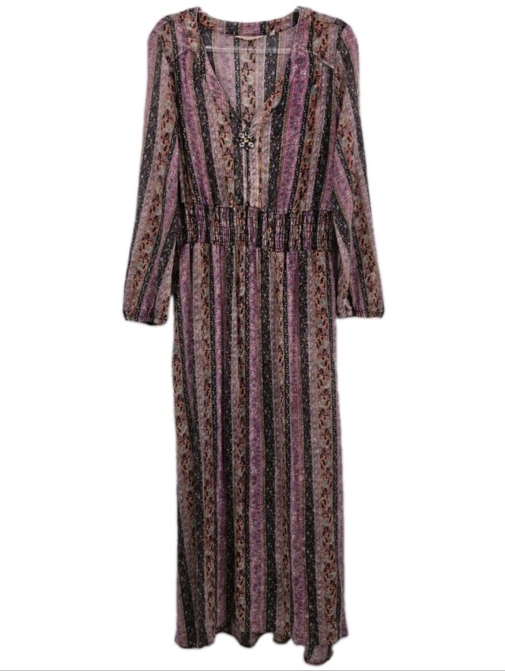 Soft Surroundings Esperanza Maxi Dress Large Long Sleeve Smocked V Neck Floral